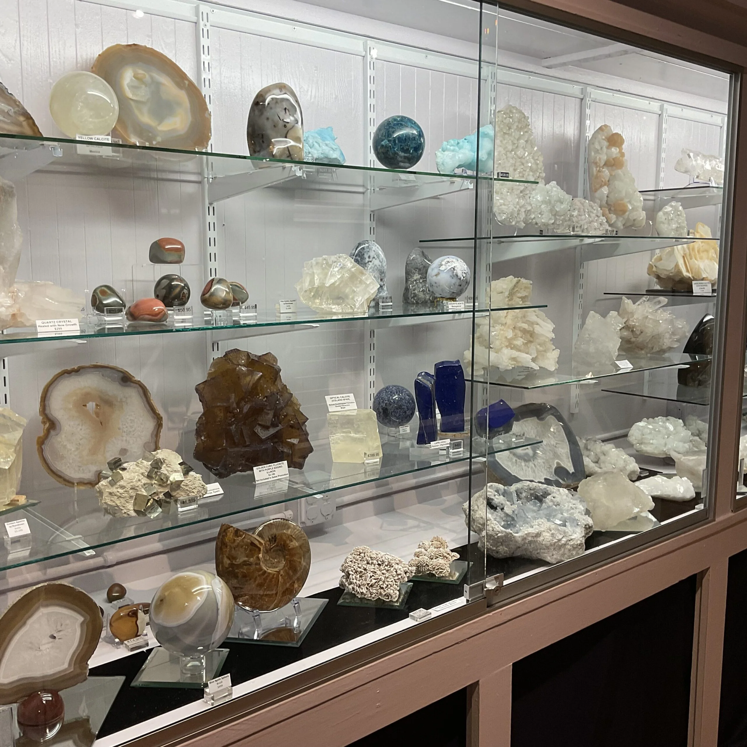 A variety of museum-grade minerals and crystals-fossils, agate sphere and slices Celestine, quartz crystal clusters, malachite, ocean jasper, fluorite, Lapis Lazuli and apophyllite